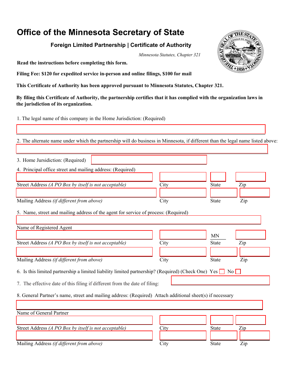 Minnesota Foreign Limited Partnership Certificate of Authority - Fill ...