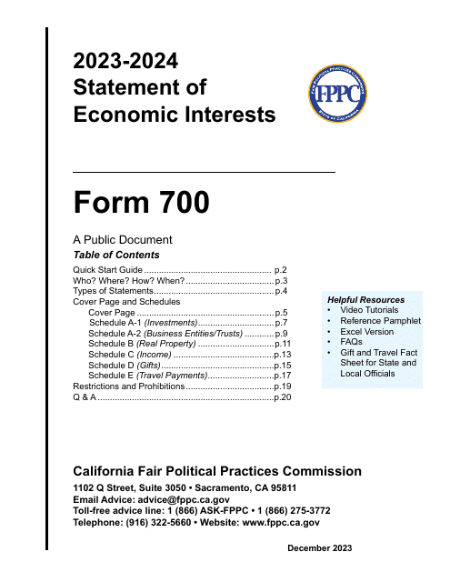 FPPC Form 700 Statement of Economic Interests - California, 2024