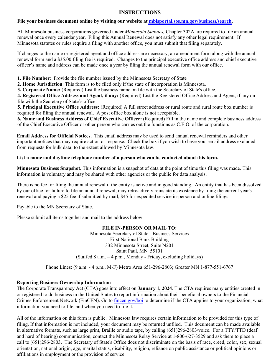 Minnesota Business Corporation Annual Renewal - Minnesota, Page 3