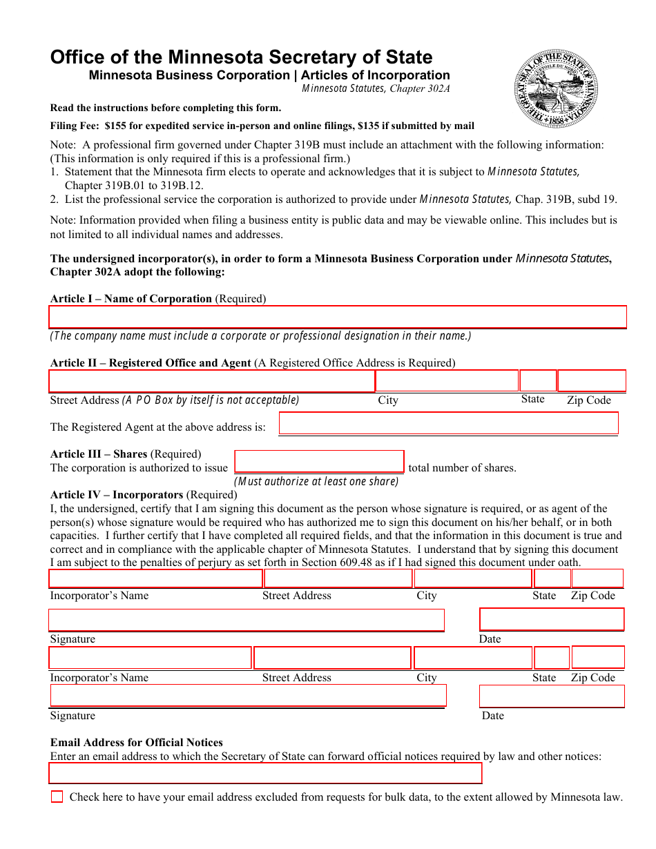 Minnesota Business Corporation Articles of Incorporation - Minnesota, Page 1