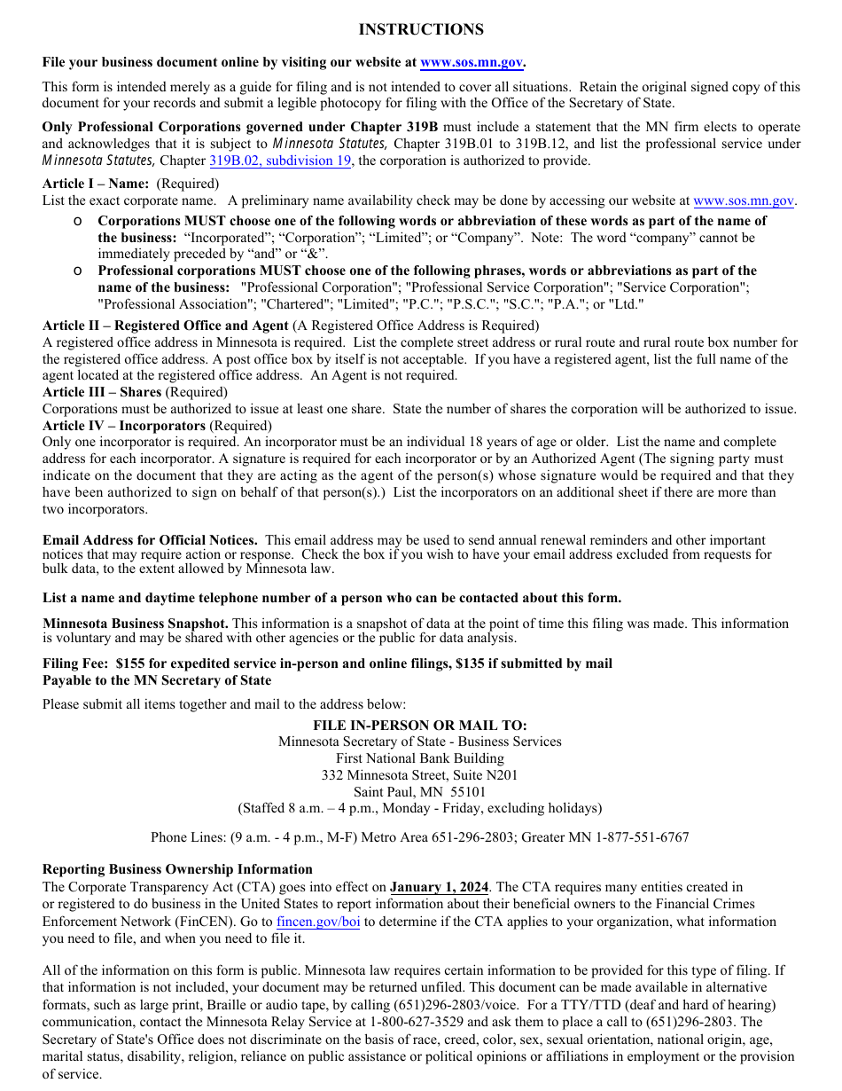 Minnesota Business Corporation Articles of Incorporation - Minnesota, Page 4