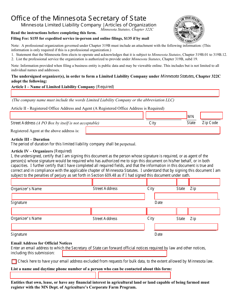 Minnesota Limited Liability Company Articles of Organization - Minnesota, Page 1