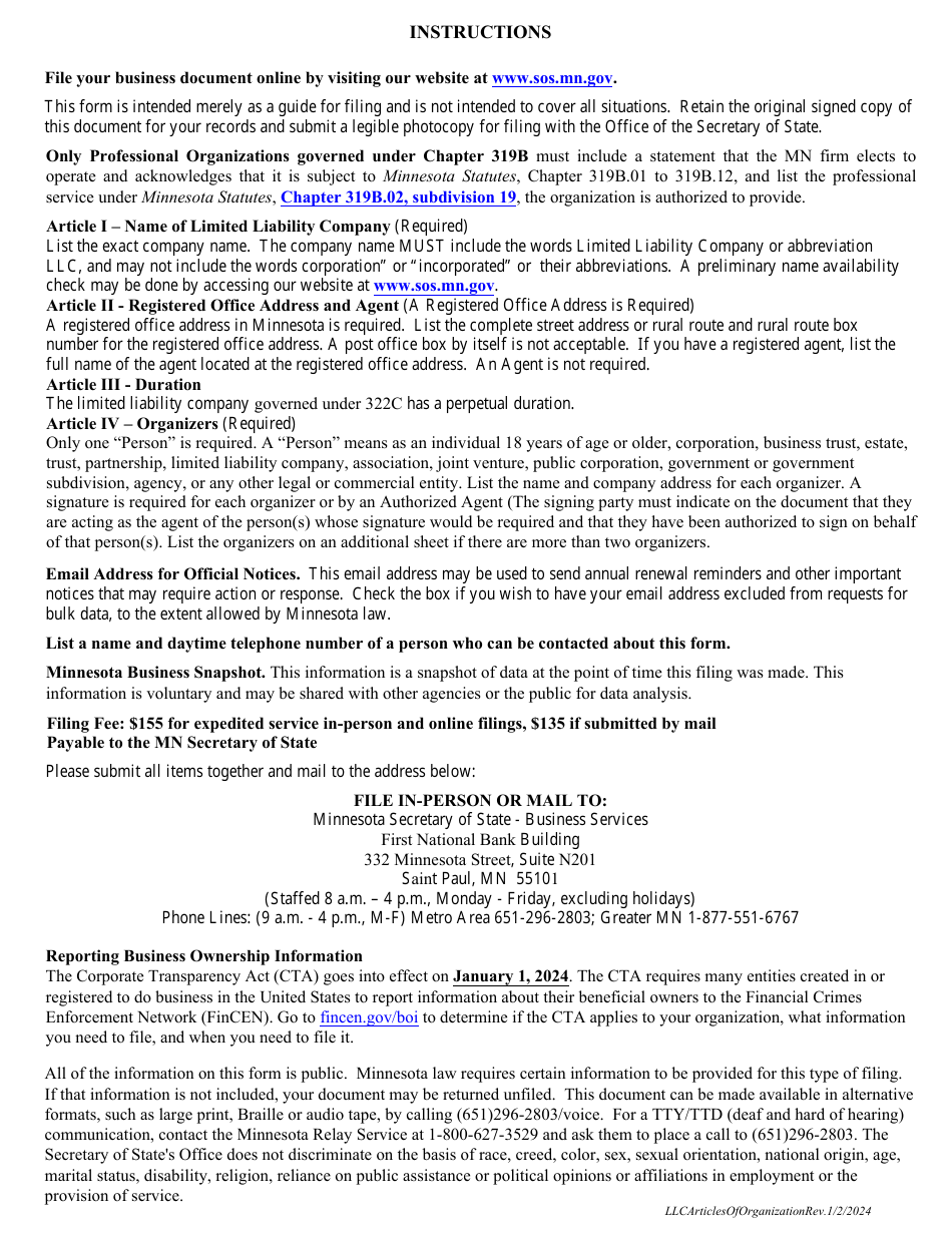Minnesota Limited Liability Company Articles of Organization - Minnesota, Page 3