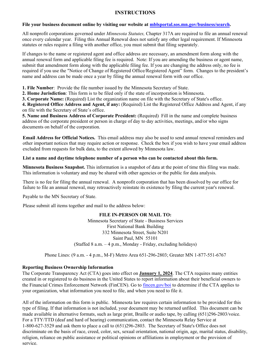 Minnesota Nonprofit Corporation Annual Renewal - Minnesota, Page 3