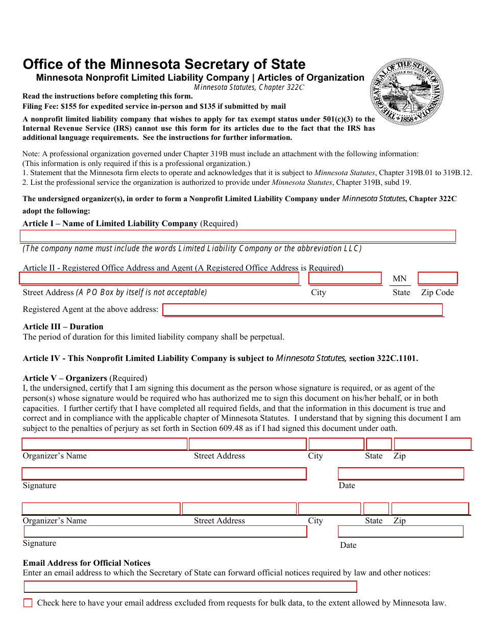 Minnesota Nonprofit Limited Liability Company Articles of Organization - Minnesota, Page 1