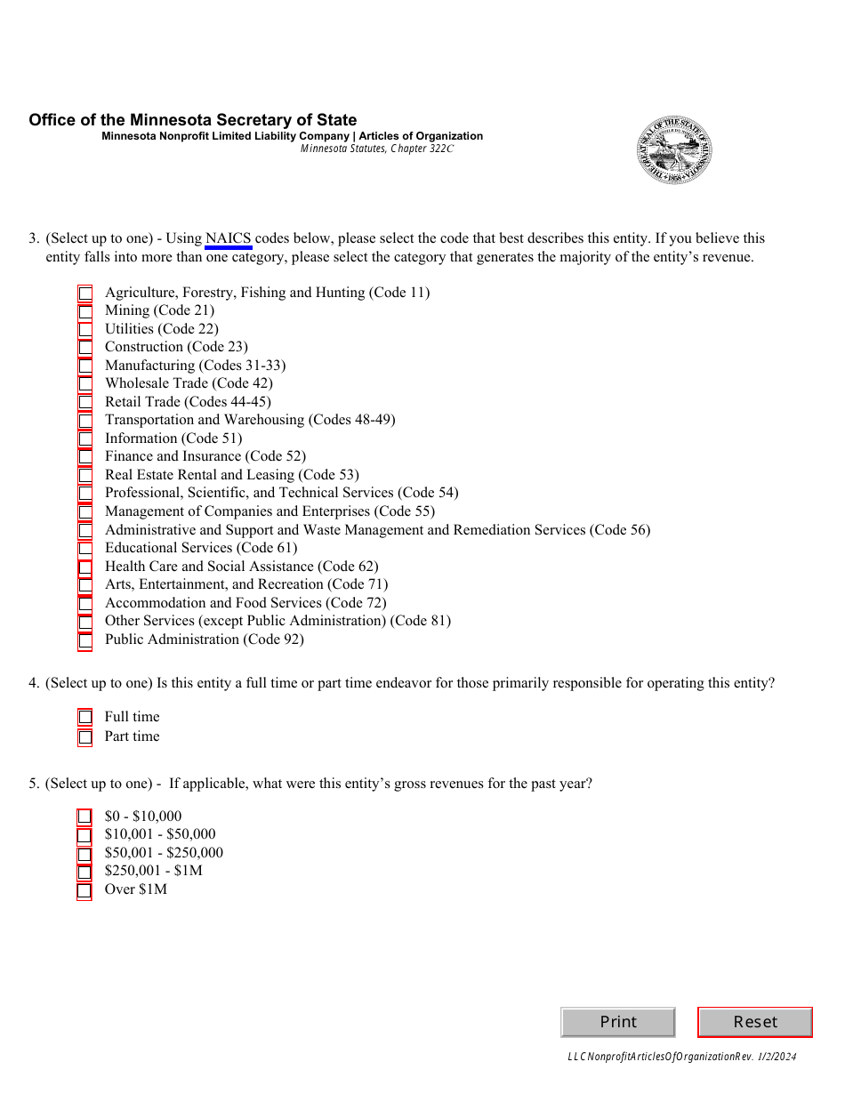 Minnesota Nonprofit Limited Liability Company Articles of Organization - Minnesota, Page 3