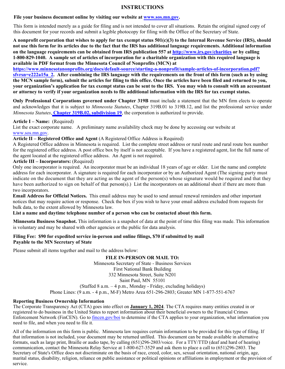 Minnesota Nonprofit Corporation Articles of Incorporation - Minnesota, Page 4