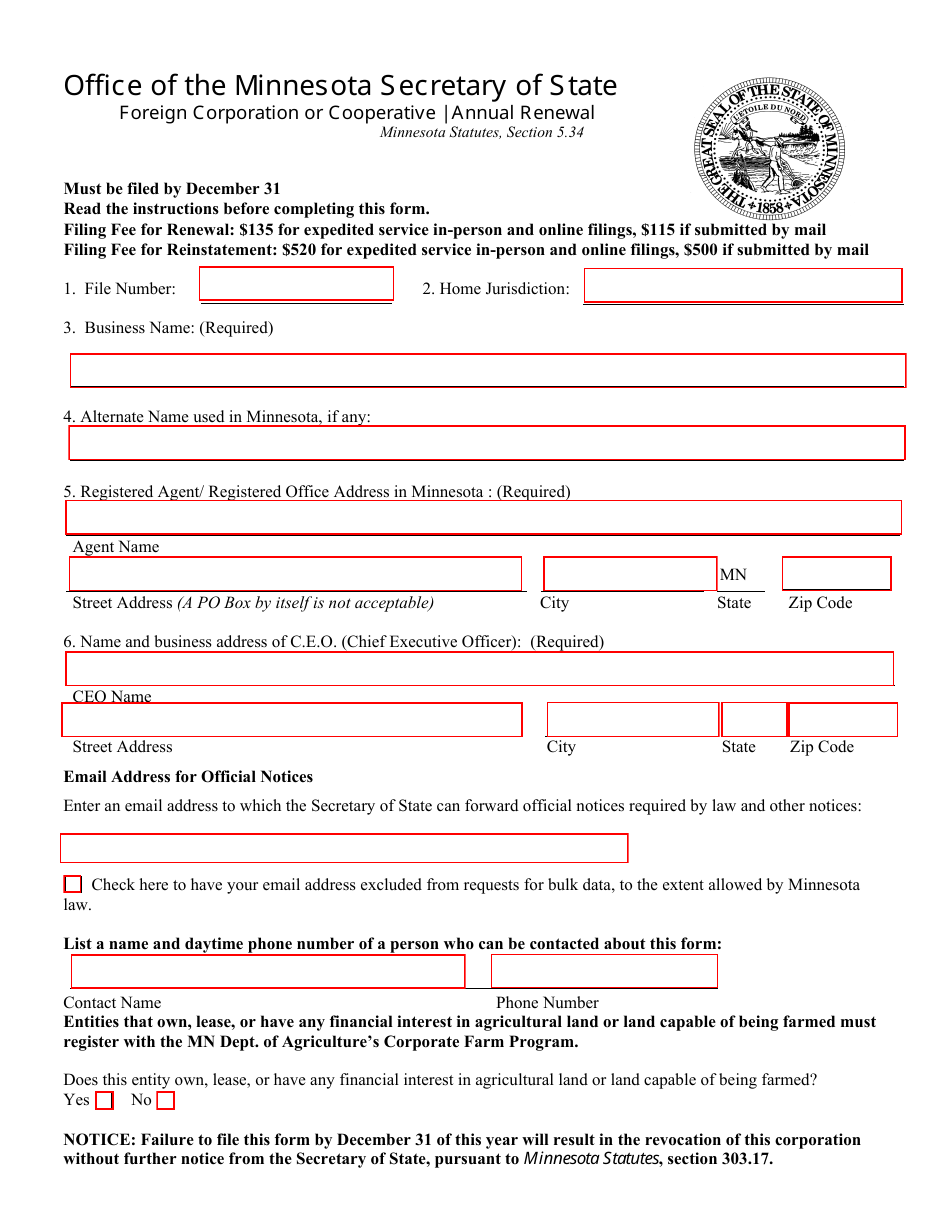 Minnesota Foreign Corporation or Cooperative Annual Renewal Download ...