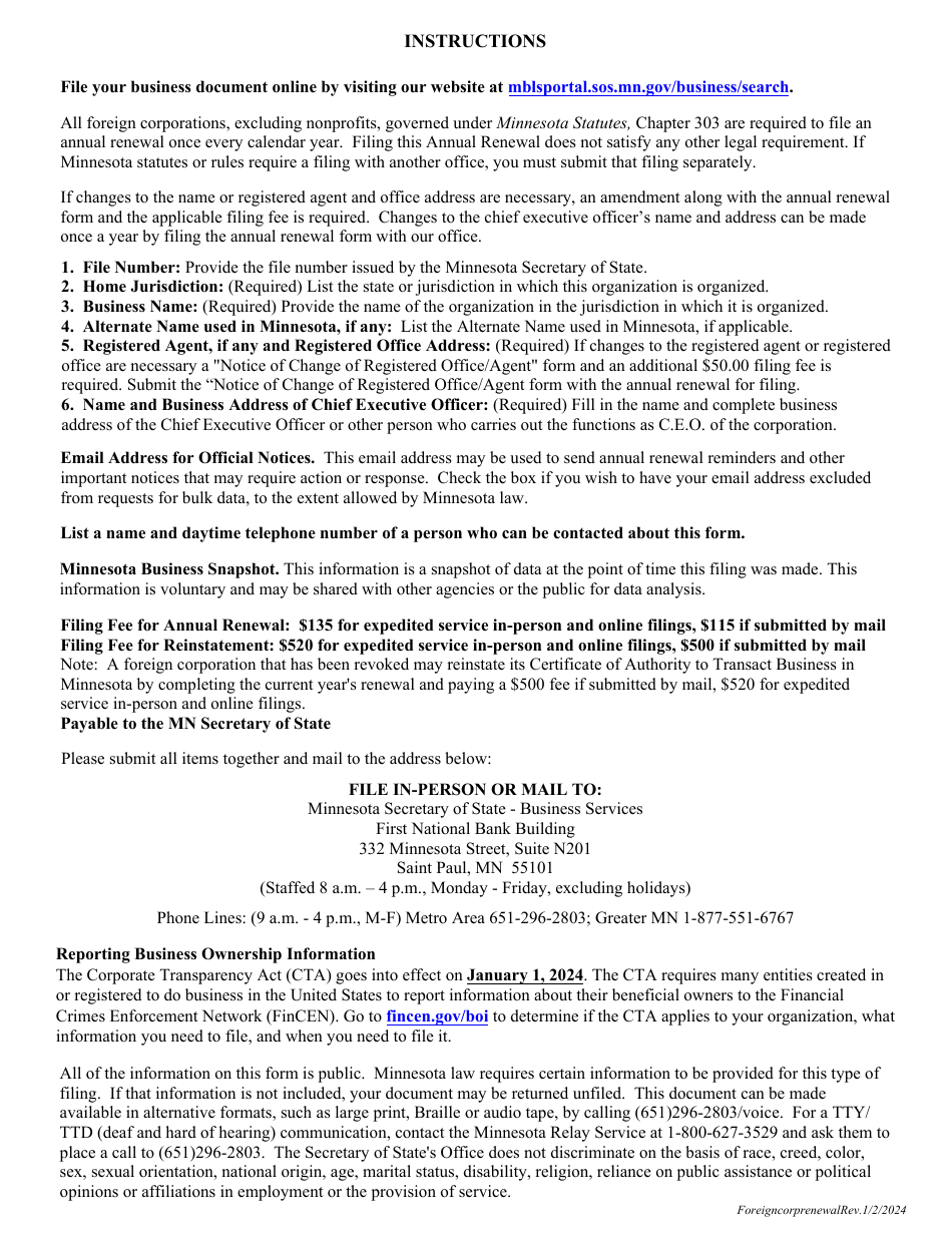 Foreign Corporation or Cooperative Annual Renewal - Minnesota, Page 3