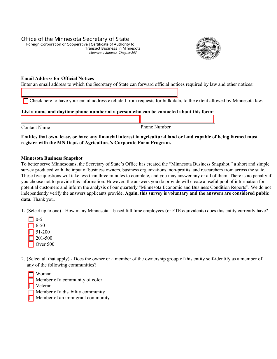 Foreign Corporation or Cooperative Certificate of Authority to Transact Business in Minnesota - Minnesota, Page 2