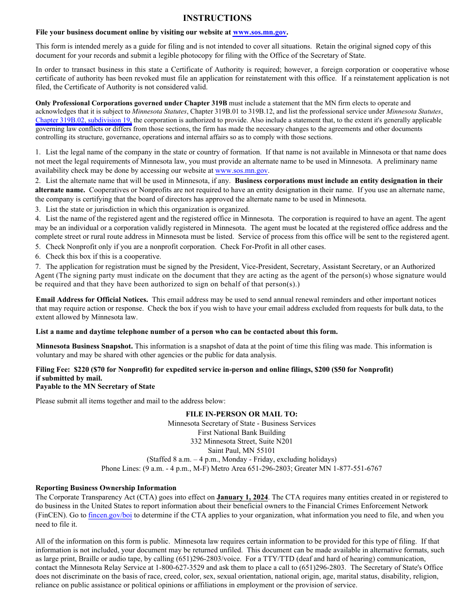 Foreign Corporation or Cooperative Certificate of Authority to Transact Business in Minnesota - Minnesota, Page 4