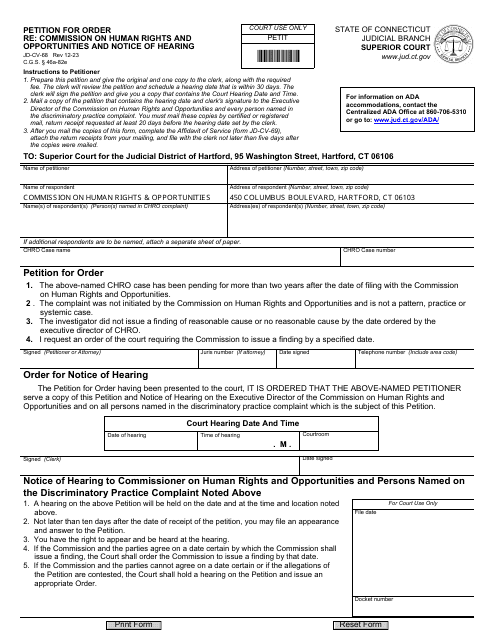 Form JD-CV-68 Petition for Order Re: Commission on Human Rights and Opportunities and Notice of Hearing - Connecticut