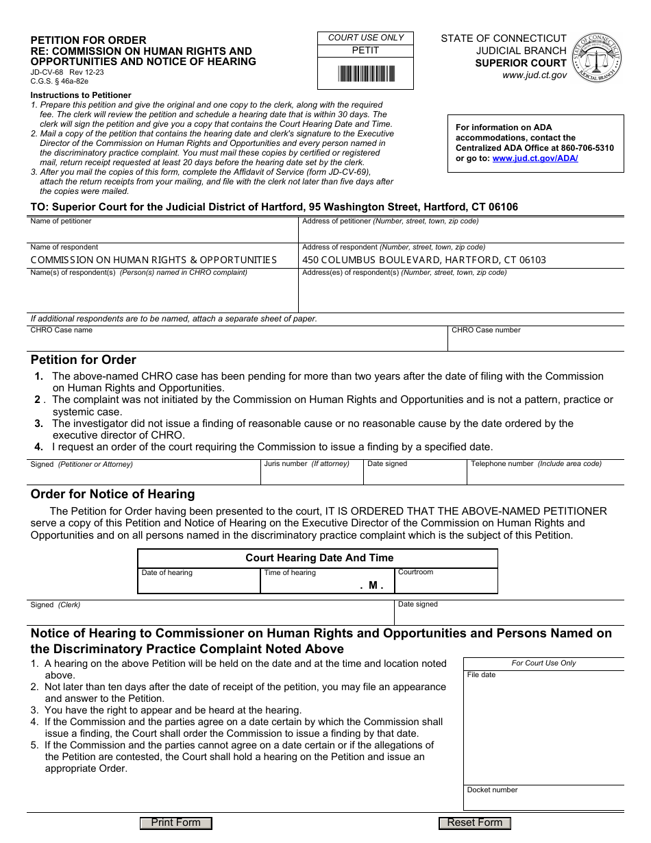 Form JD-CV-68 Petition for Order Re: Commission on Human Rights and Opportunities and Notice of Hearing - Connecticut, Page 1