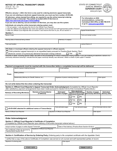 Form JD-ES-38 Notice of Appeal Transcript Order - Connecticut