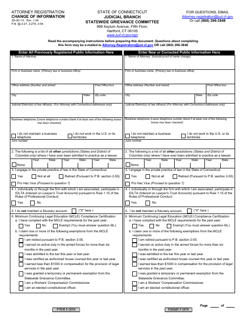 Form JD-GC-10 Attorney Registration Change of Information - Connecticut