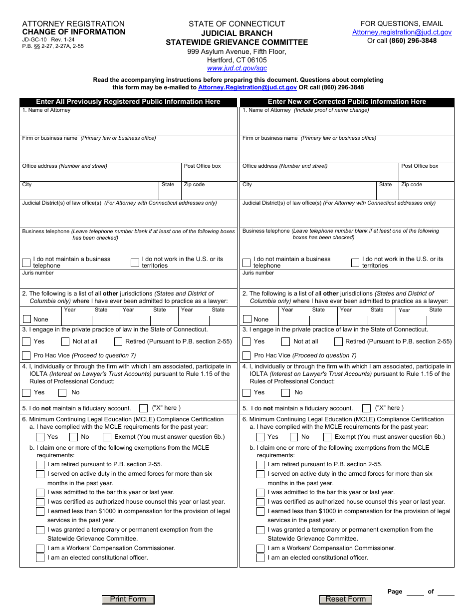 Form JD-GC-10 Attorney Registration Change of Information - Connecticut, Page 1