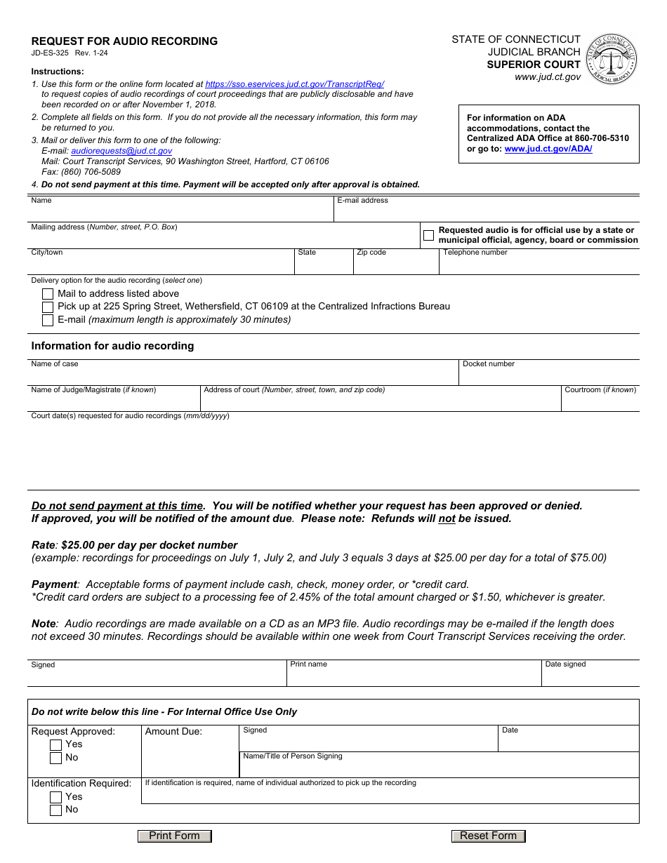 Form JD-ES-325 Request for Audio Recording - Connecticut, Page 1