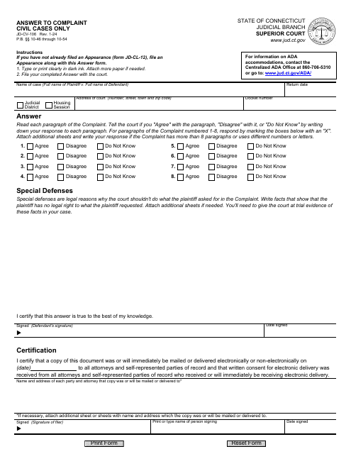 Form JD-CV-106 Answer to Complaint - Civil Cases Only - Connecticut
