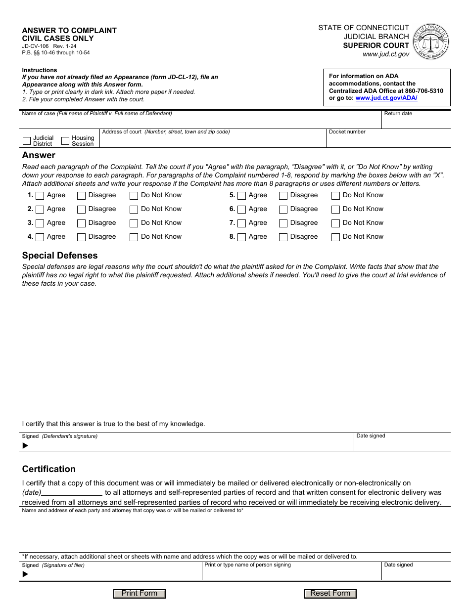 Form JD-CV-106 Download Fillable PDF or Fill Online Answer to Complaint ...