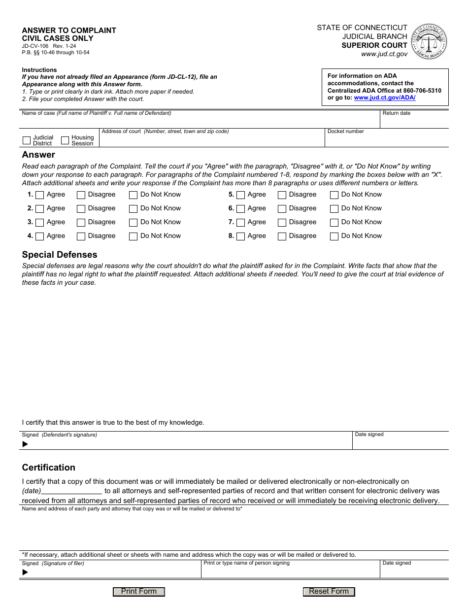 Form JD-CV-106 Answer to Complaint - Civil Cases Only - Connecticut, Page 1