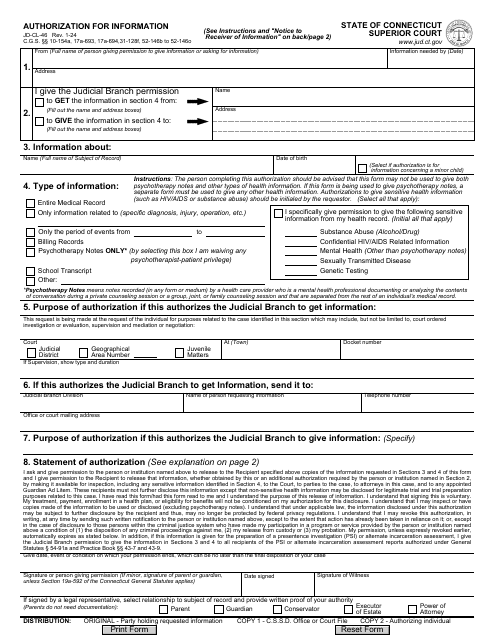 Form JD-CL-46 Authorization for Information - Connecticut