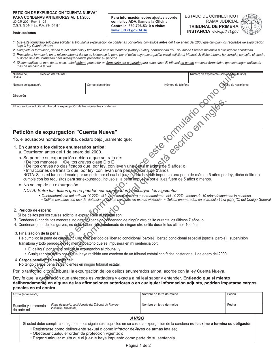 Formulario JD-CR-202S Peticion De Expurgacion cuenta Nueva Para Condenas Anteriores Al 1 / 1 / 2000 - Connecticut (Spanish), Page 1
