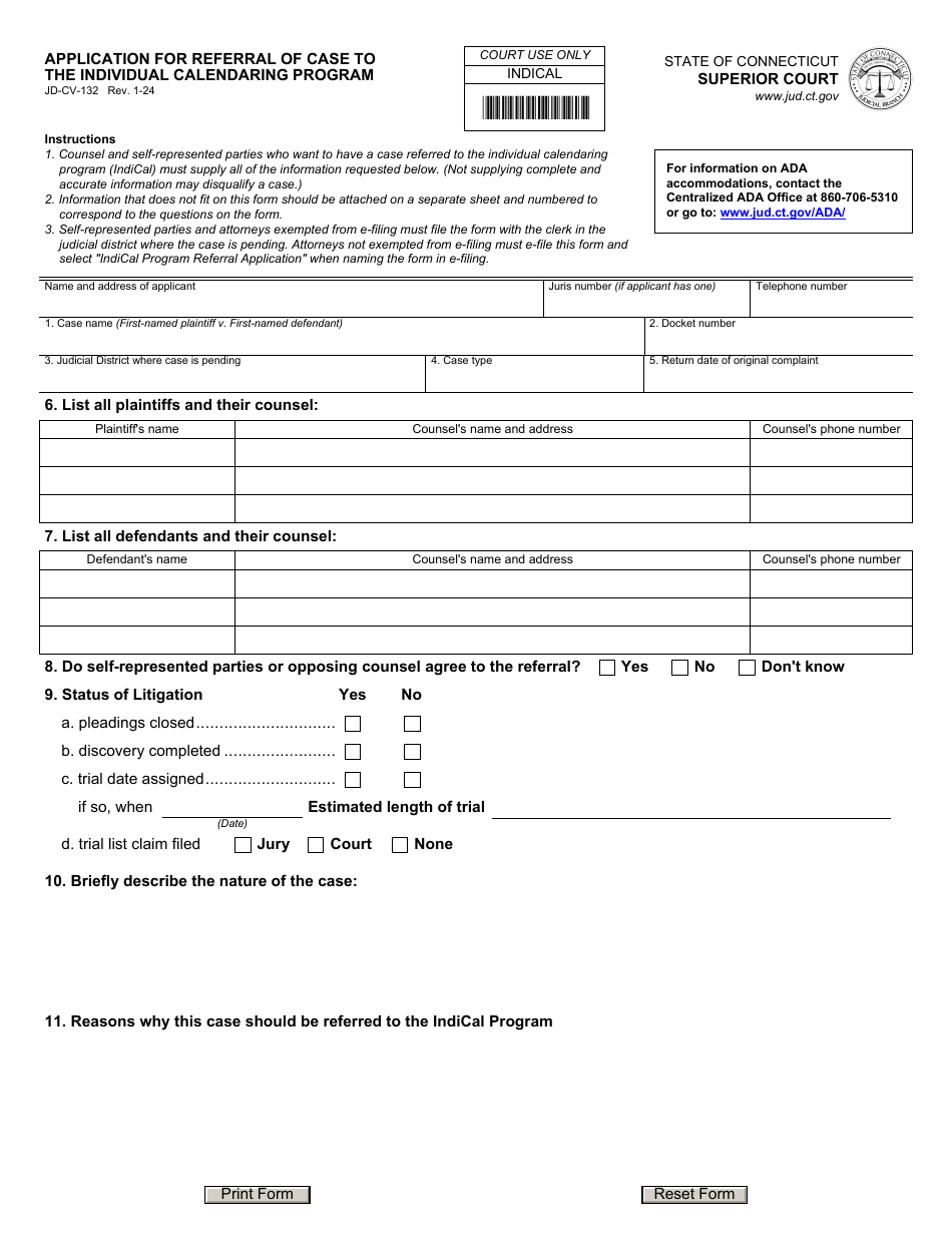 Form JD-CV-132 Application for Referral of Case to the Individual Calendaring Program - Connecticut, Page 1