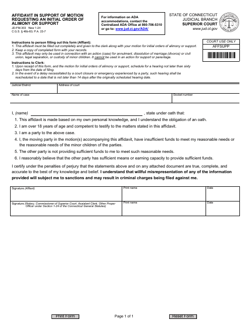 Form JD-FM-303 Affidavit in Support of Motion Requesting an Initial Order of Alimony or Support - Connecticut