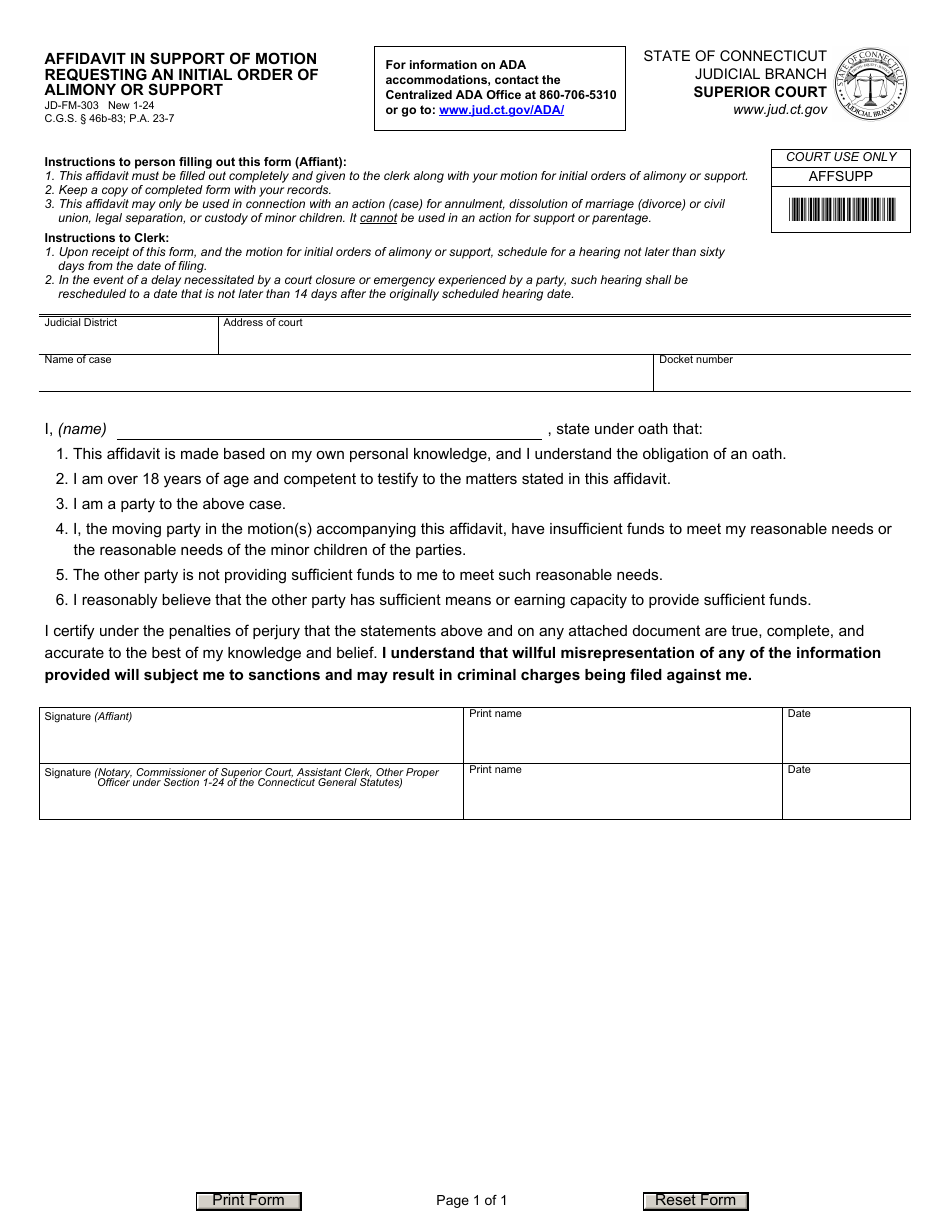 Form JD-FM-303 Affidavit in Support of Motion Requesting an Initial Order of Alimony or Support - Connecticut, Page 1