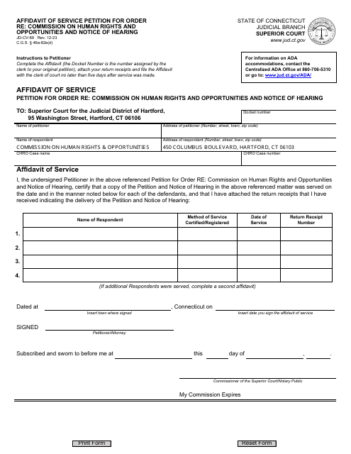 Form JD-CV-69 Affidavit of Service Petition for Order Re: Commission on Human Rights and Opportunities and Notice of Hearing - Connecticut