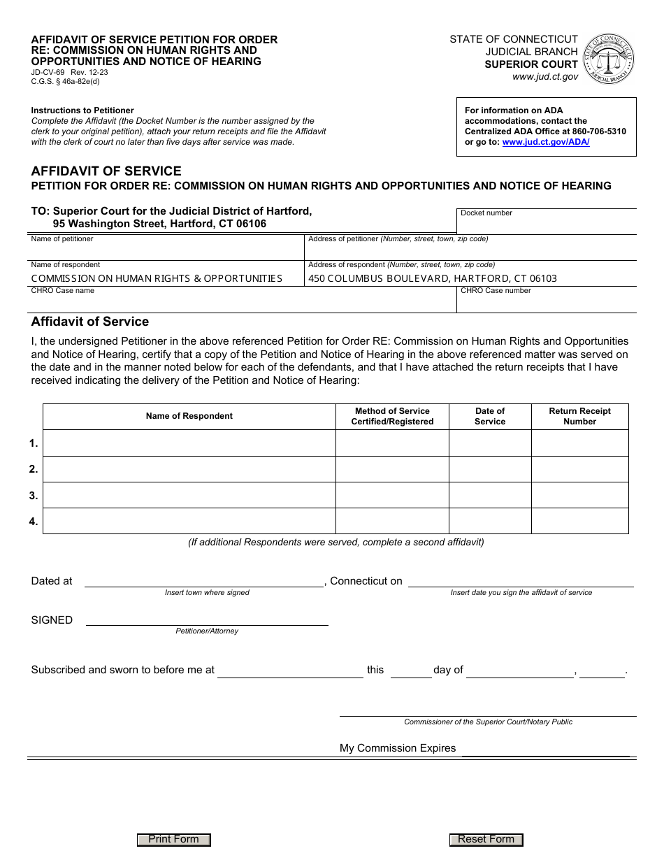 Form JD-CV-69 Download Fillable PDF or Fill Online Affidavit of Service ...