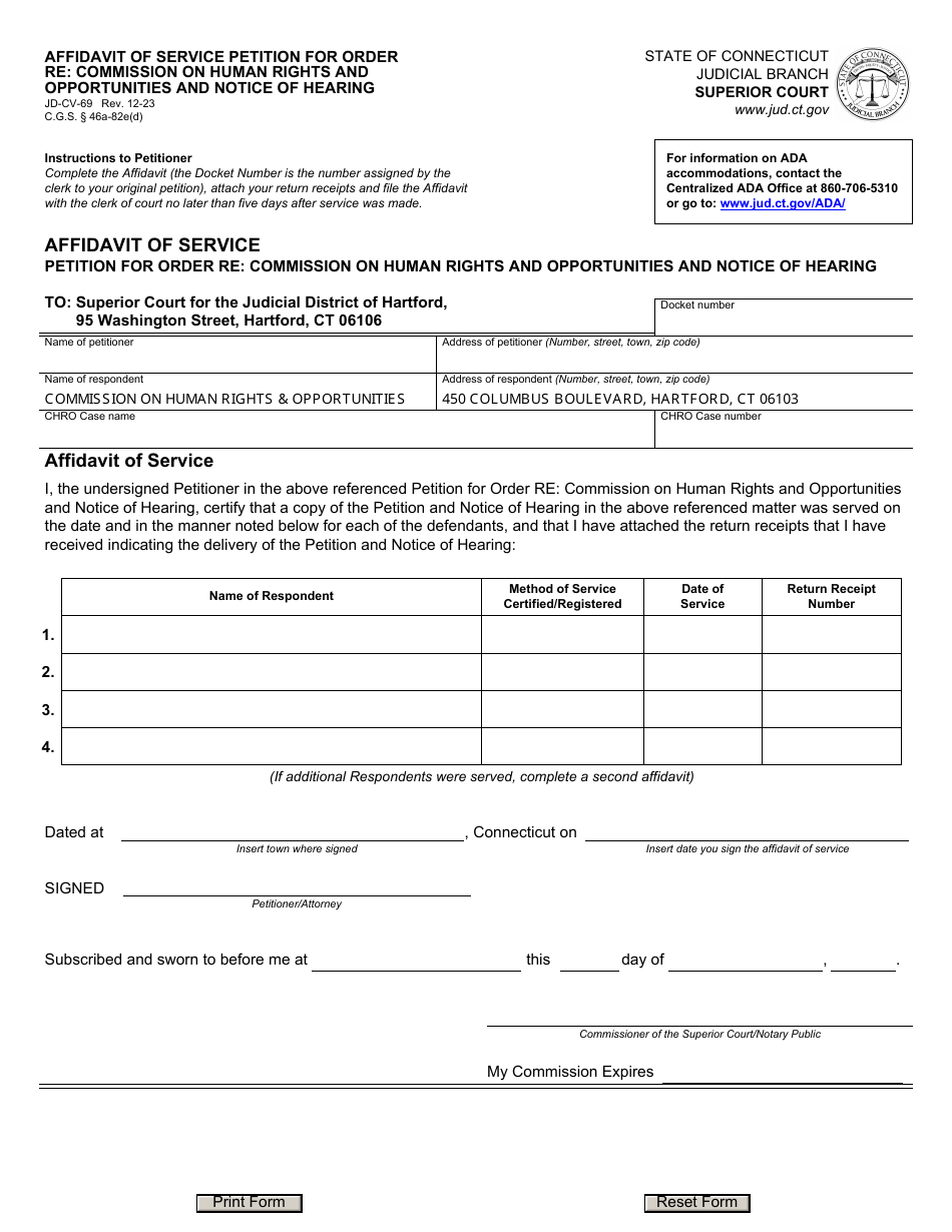 Form JD-CV-69 Affidavit of Service Petition for Order Re: Commission on Human Rights and Opportunities and Notice of Hearing - Connecticut, Page 1