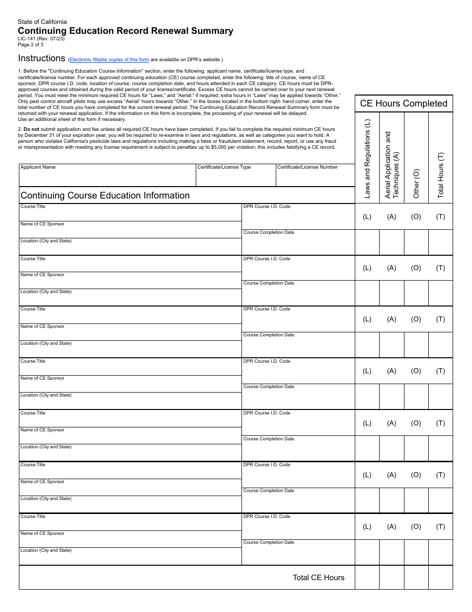 Form LIC-141 Continuing Education Record Renewal Summary - California, Page 1
