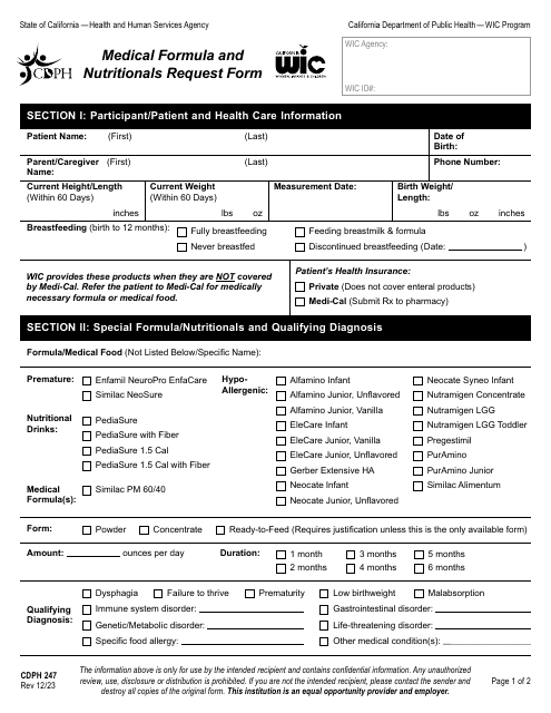 Form CDPH247 Medical Formula and Nutritionals Request Form - California