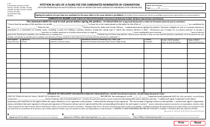 Document preview: Form 2-16 Petition in Lieu of a Filing Fee for Candidates Nominated by Convention - Texas (English/Spanish)