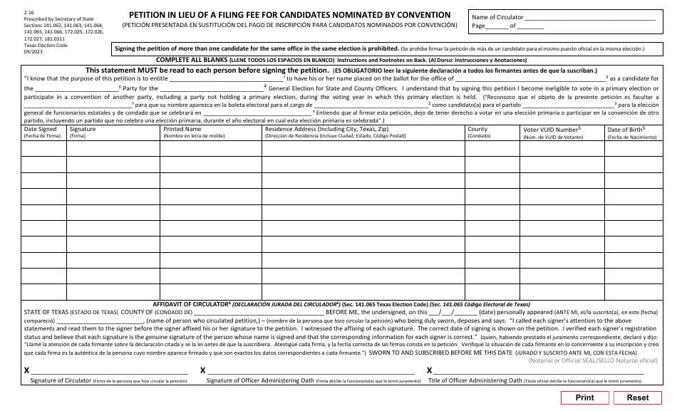 Form 216 Fill Out, Sign Online and Download Fillable PDF, Texas (English/Spanish