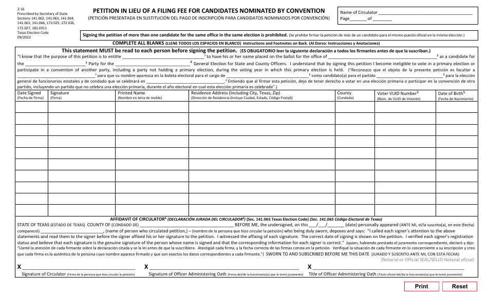 Form 2-16 Petition in Lieu of a Filing Fee for Candidates Nominated by Convention - Texas (English / Spanish), Page 1