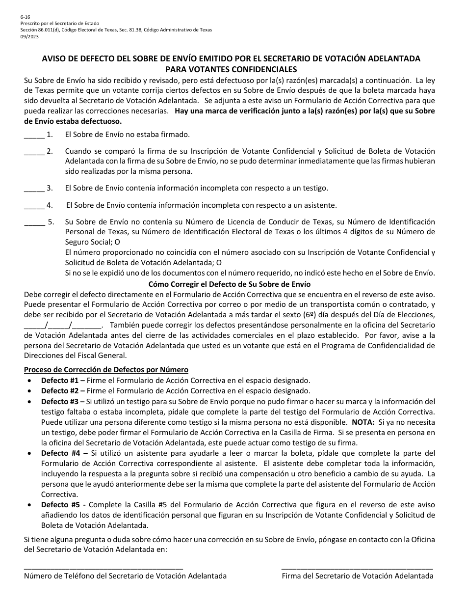 Formulario 6-16 Early Voting Clerk Corrective Action Form for Defective Carrier Envelope for Confidential Voters - Texas (Spanish), Page 1