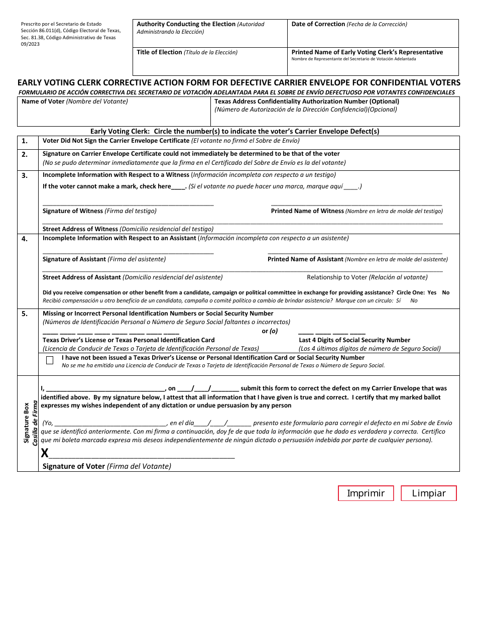 Formulario 6-16 Early Voting Clerk Corrective Action Form for Defective Carrier Envelope for Confidential Voters - Texas (Spanish), Page 2