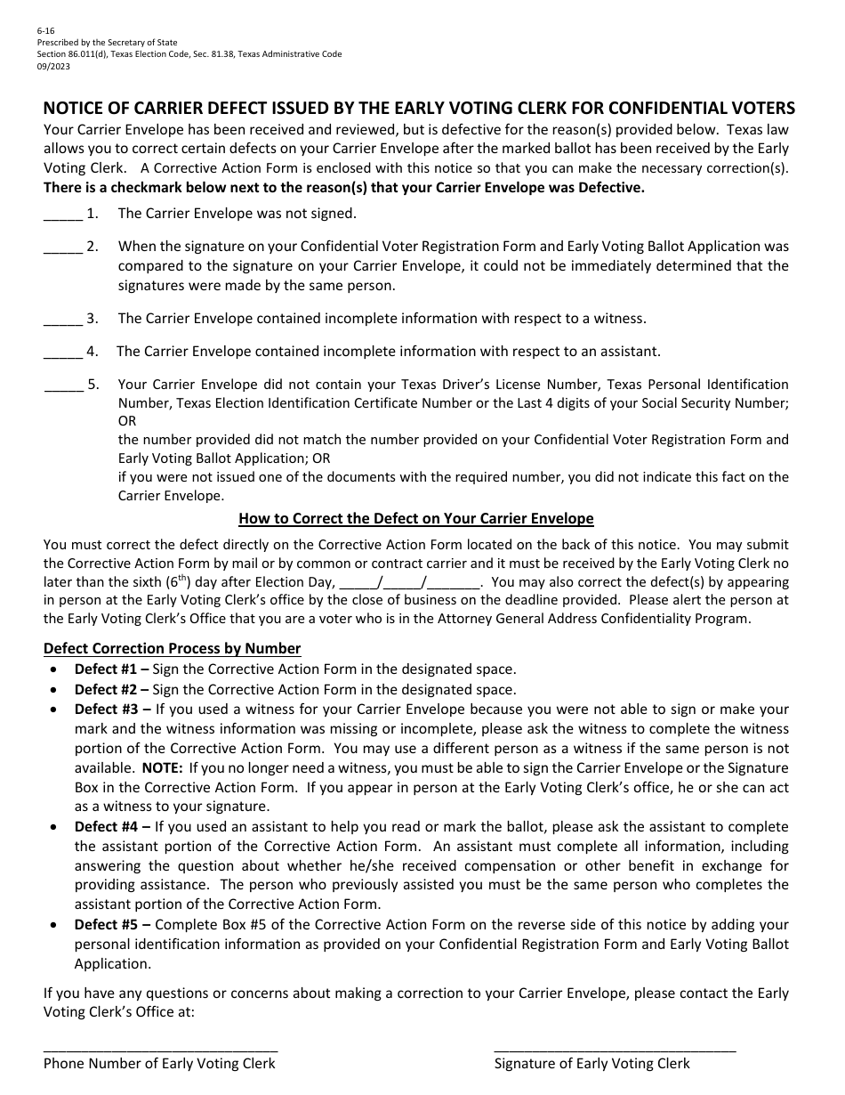 Form 6-16 Notice of Carrier Defect Issued by the Early Voting Clerk for Confidential Voters - Texas (English / Spanish), Page 1