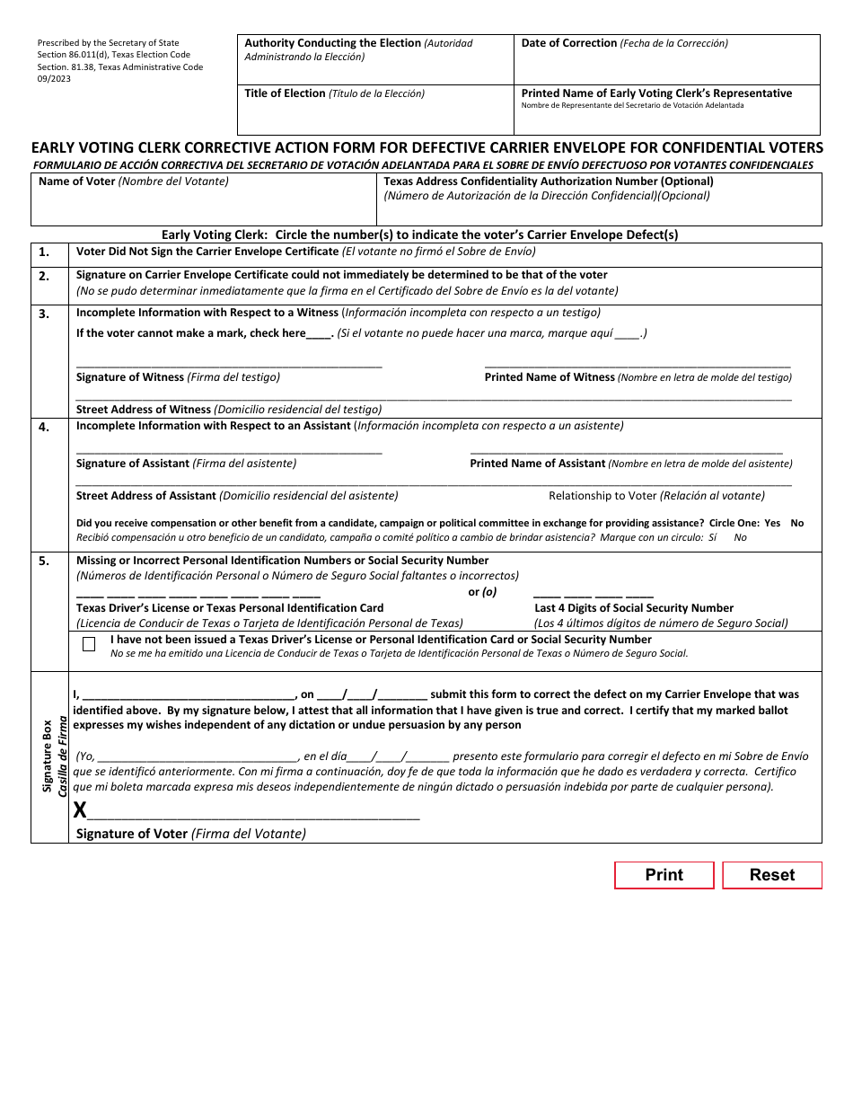 Form 6-16 Notice of Carrier Defect Issued by the Early Voting Clerk for Confidential Voters - Texas (English / Spanish), Page 2