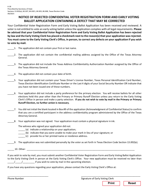 Form 6-18 Notice of Rejected Confidential Voter Registration Form and Early Voting Ballot Application Containing a Defect That May Be Corrected - Texas (English/Spanish)