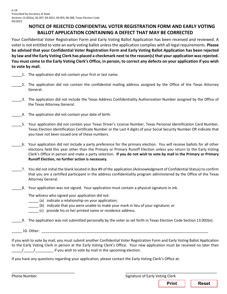 Form 6-18 Notice of Rejected Confidential Voter Registration Form and Early Voting Ballot Application Containing a Defect That May Be Corrected - Texas (English / Spanish), Page 1