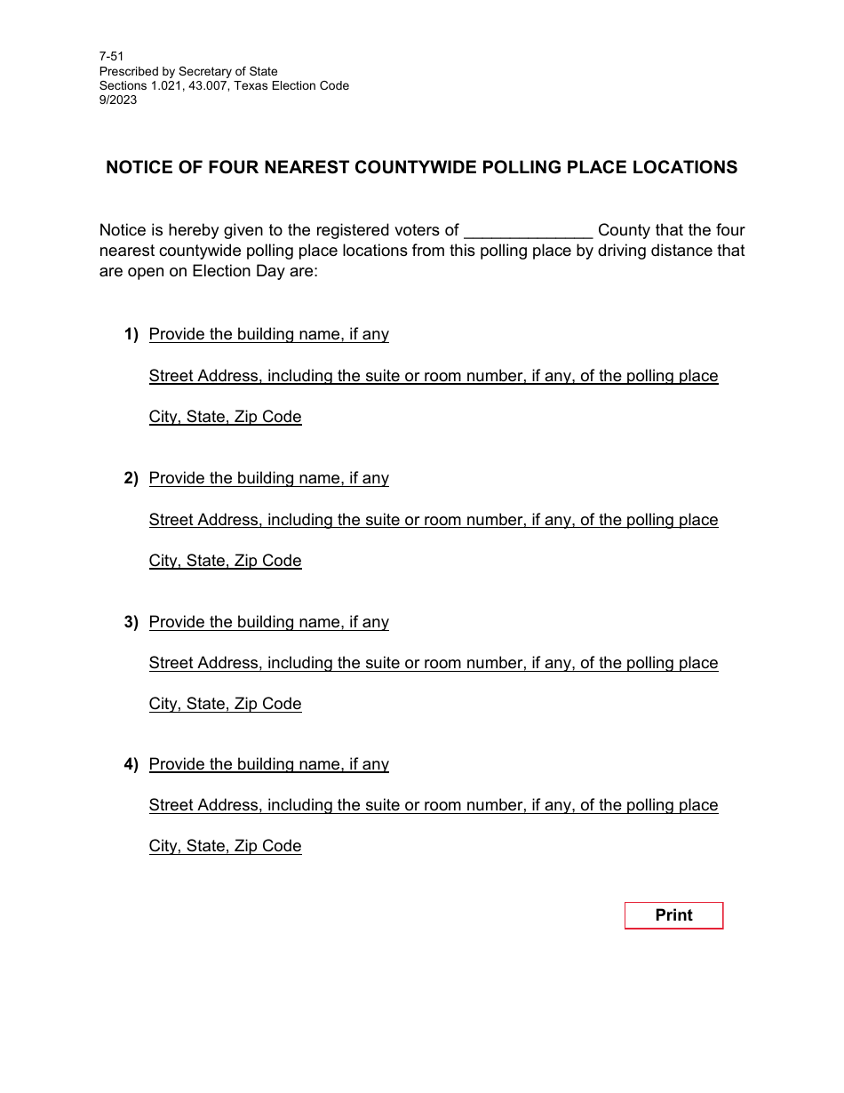 Form 7-51 Notice of Four Nearest Countywide Polling Place Locations - Texas (English / Spanish), Page 1