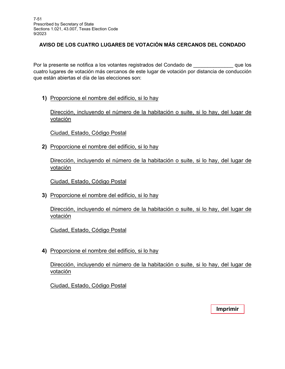 Form 7-51 Notice of Four Nearest Countywide Polling Place Locations - Texas (English / Spanish), Page 2