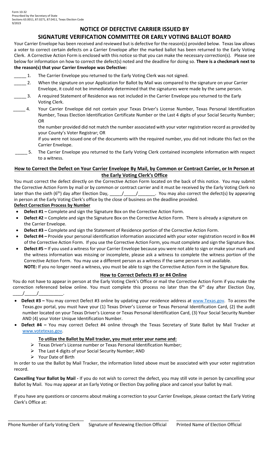 Form 10-32 Notice of Defective Carrier Issued by Signature Verification Committee or Early Voting Ballot Board - Texas (English / Spanish), Page 1