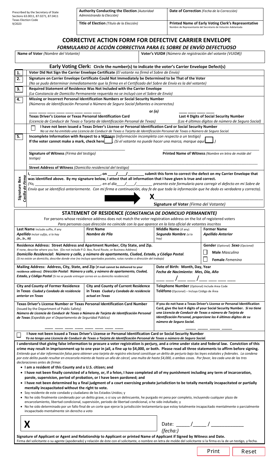 Form 10-32 Notice of Defective Carrier Issued by Signature Verification Committee or Early Voting Ballot Board - Texas (English / Spanish), Page 2