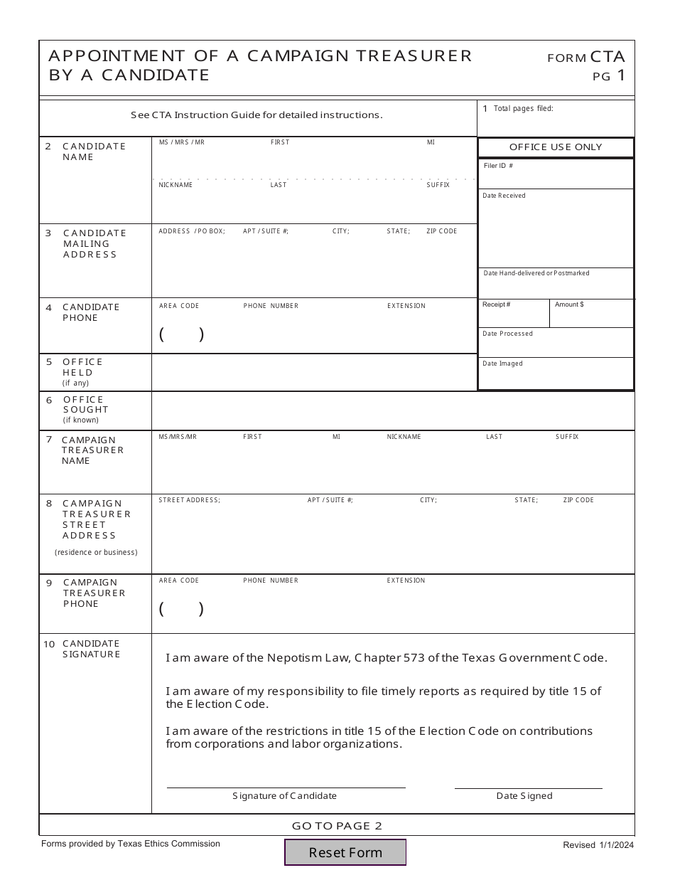 Form CTA Appointment of a Campaign Treasurer by a Candidate - Texas, Page 1