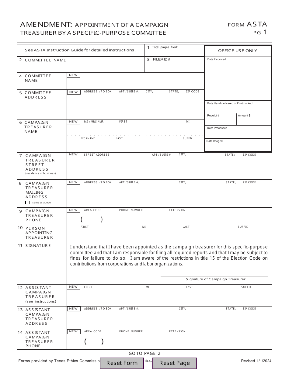 Form ASTA Amendment: Appointment of a Campaign Treasurer by a Specific-Purpose Committee - Texas, Page 1