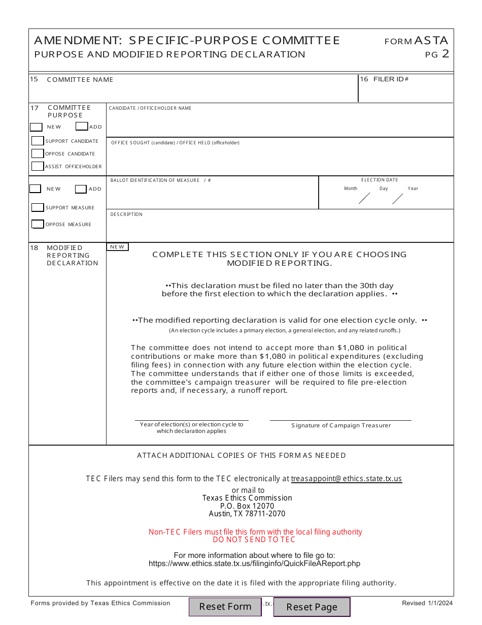 Form ASTA Amendment: Appointment of a Campaign Treasurer by a Specific-Purpose Committee - Texas, Page 2